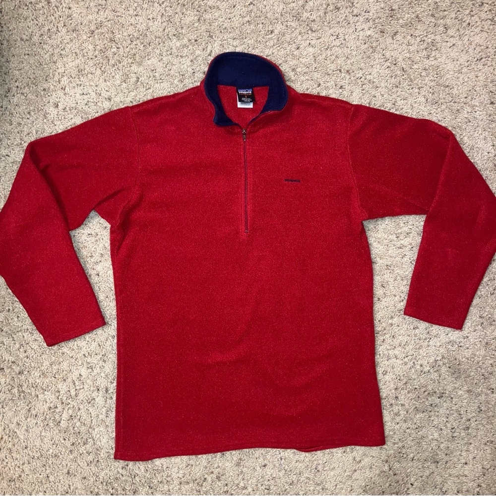 Vintage PATAGONIA CAPILENE Jacket PULLOVER 1/4 Zip RED Fleece - Sz S Made in USA
